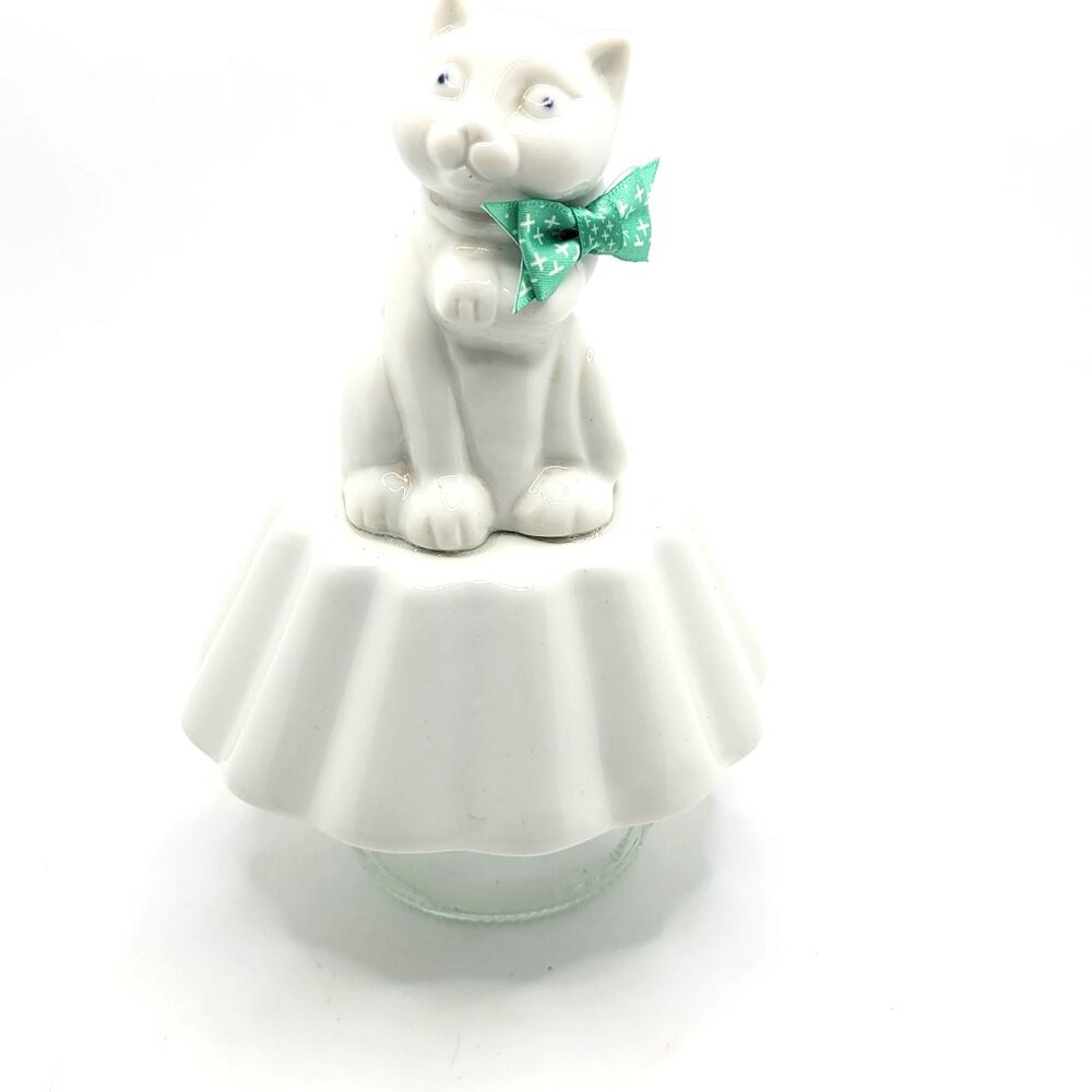 Altered Art White Kitty Cat with Green Bow using Repurposed Dishes and Jewelry